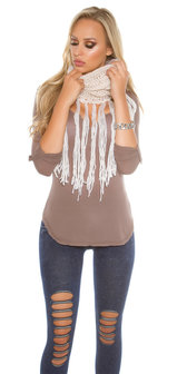 Trendy Loop Sjaal met fringes &amp; Gliiters in Wit