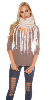 Trendy Loop Sjaal met fringes &amp; Gliiters in Wit