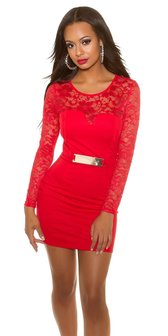 Sexy KouCla Long Sleeve Shift Jurk met Kant in Rood