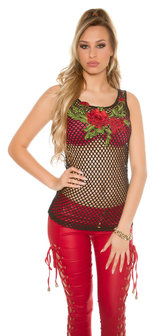 Sexy Mesh Tanktop met Flower Embroidery in Zwart