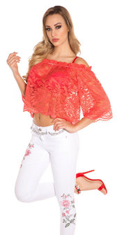 Sexy Carmen Kanten Shirt in Coral