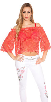 Sexy Carmen Kanten Shirt in Coral