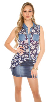 Sexy Chiffon Blouse met Floral Print in Navy