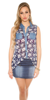 Sexy Chiffon Blouse met Floral Print in Navy