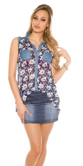 Sexy Chiffon Blouse met Floral Print in Navy