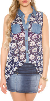 Sexy Chiffon Blouse met Floral Print in Navy