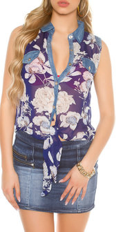 Sexy Chiffon Blouse met Print in Navy