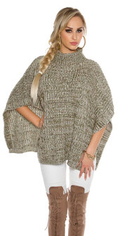 Trendy KouCla Chunky Knit Poncho met Turtlenek in Kaki