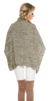 Trendy KouCla Chunky Knit Poncho met Turtlenek in Kaki