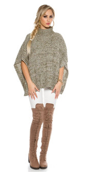 Trendy KouCla Chunky Knit Poncho met Turtlenek in Kaki