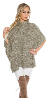 Trendy KouCla Chunky Knit Poncho met Turtlenek in Kaki