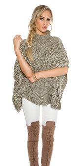 Trendy KouCla Chunky Knit Poncho met Turtlenek in Kaki