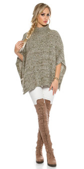 Trendy KouCla Chunky Knit Poncho met Turtlenek in Kaki