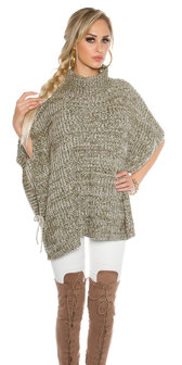 Trendy KouCla Chunky Knit Poncho met Turtlenek in Kaki