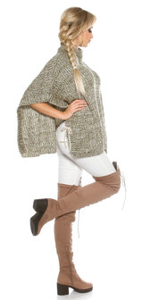 Trendy KouCla Chunky Knit Poncho met Turtlenek in Kaki