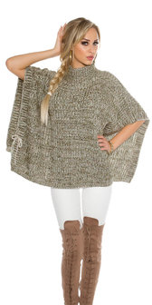 Trendy KouCla Chunky Knit Poncho met Turtlenek in Kaki