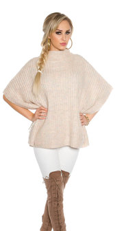 Trendy KouCla Chunky Knit Poncho met Turtlenek in Roze