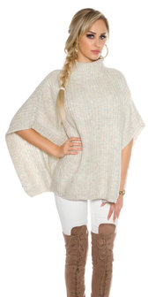 Trendy KouCla Chunky Knit Poncho met Turtlenek in Wit