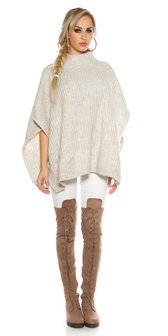 Trendy KouCla Chunky Knit Poncho met Turtlenek in Wit