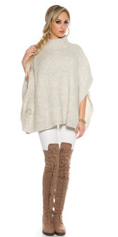 Trendy KouCla Chunky Knit Poncho met Turtlenek in Wit