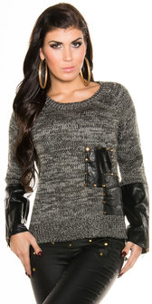 Sexy Knit Sweater met Leather Look Applications in Grijs
