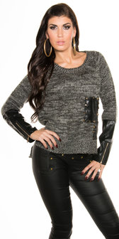 Sexy Knit Sweater met Leather Look Applications in Grijs