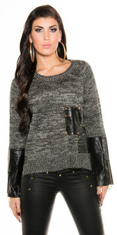 Sexy Knit Sweater met Leather Look Applications in Grijs