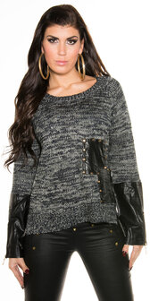 Sexy Knit Sweater met Leather Look Applications in Navy