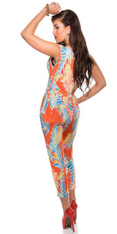 Trendy Jumpsuit met Veren Print & Heupketting in Oranje