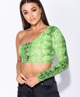 Snake Print One Shoulder Crop Top in Groen