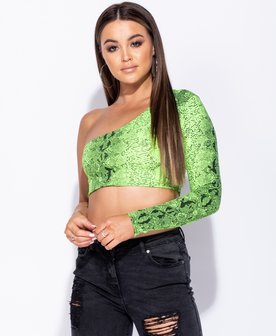 Snake Print One Shoulder Crop Top in Groen