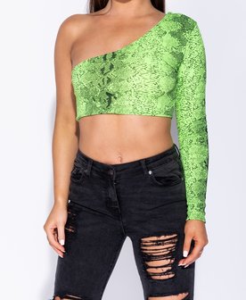 Snake Print One Shoulder Crop Top in Groen