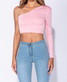 One Shoulder Long Sleeved Crop Top in Roze