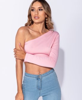 One Shoulder Long Sleeved Crop Top in Roze