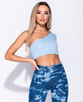 One Shoulder Long Sleeved Crop Top in Blauw