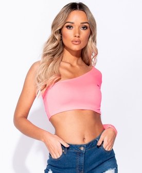 One Shoulder Long Sleeved Crop Top in Neon Roze