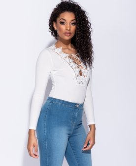 Lace Up Front Crochet Trim Long Sleeve Bodysuit