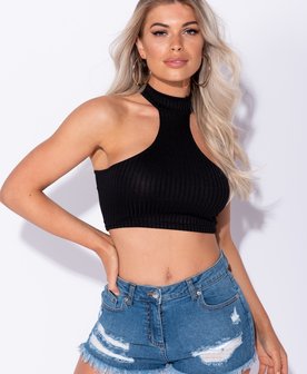 Rib Knit High Neck Cutaway Front Crop Top in Zwart