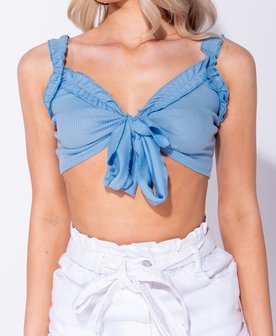 Knit Rib Ruffle Trim Tie Front Bustier Crop Top in Blauw