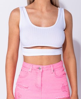 Cut Out Front Rib Knit Crop Top in Wit