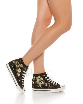 Trendy Colour Change Sequin Sneakers Chucks Style in Zwart/Goud