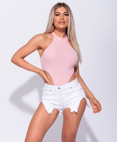 Rib Knit High Neck Extreme High Leg Bodysuit in Roze