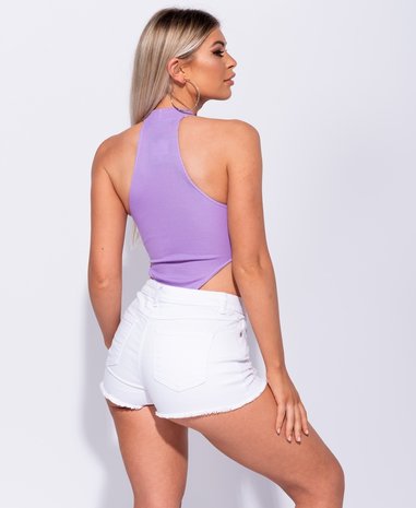 Rib Knit High Neck Extreme High Leg Bodysuit in Lila