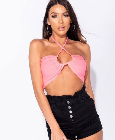 Ruching Tie Detail Bustier Bandeau Crop Top in Roze