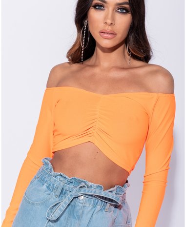 Ruching Detail Long Sleeve Bardot Crop Top in Oranje