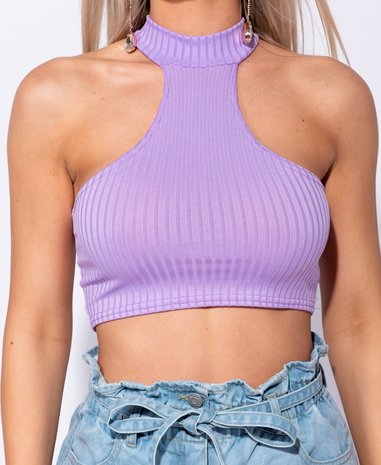 Rib Knit High Neck Cutaway Front Crop Top in Paars