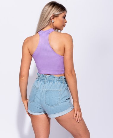 Rib Knit High Neck Cutaway Front Crop Top in Paars