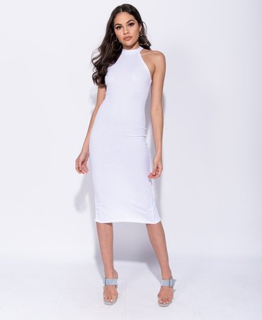 Rib Knit High Neck Bodycon Midi Dress in Wit