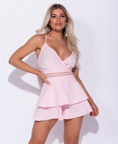 Crochet Trim Wrapover Front Layered Playsuit 