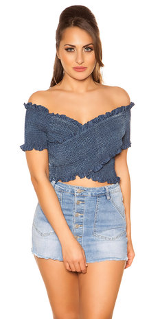 Trendy Off Shoulder Shirt met Gathering in Blauw